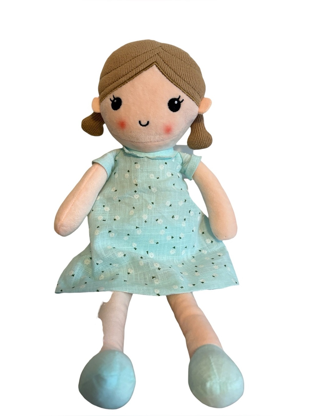 Linzy Toys Emily Rag Doll Mint Blue Floral Dress Plush Soft Toy Pigtails 15”
